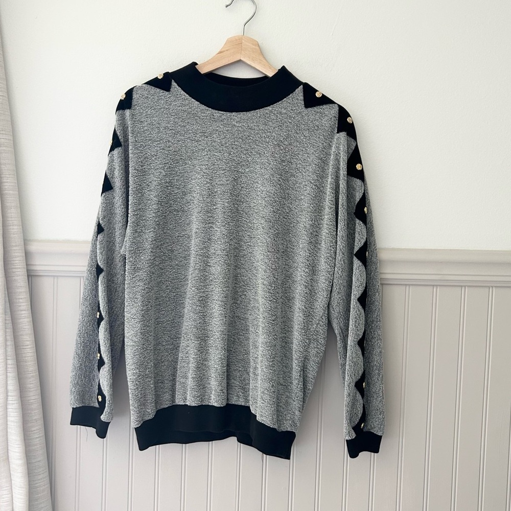 Vintage 80s Adolfo Sport Medium Gray Black Geometric Sweater